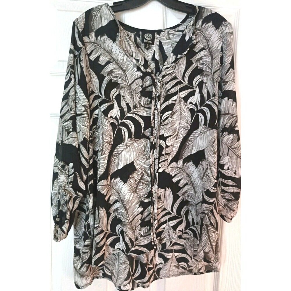 Bobeau V-Neck Blouse Tunic Top Size 1X Black White Tropical Print Pintuck Resort